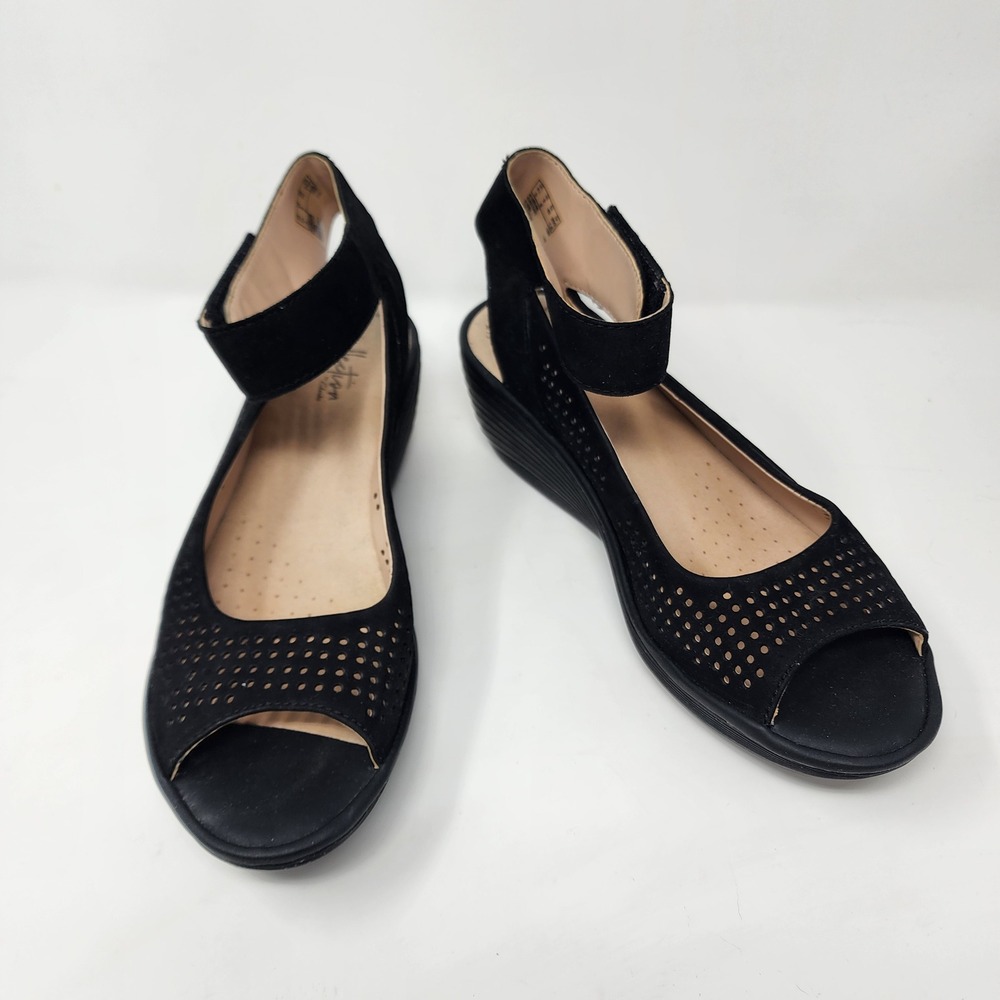 Clarks Collection Wedge Sandals Womens 9 Black Excellent Laser Cut Peep Toe
